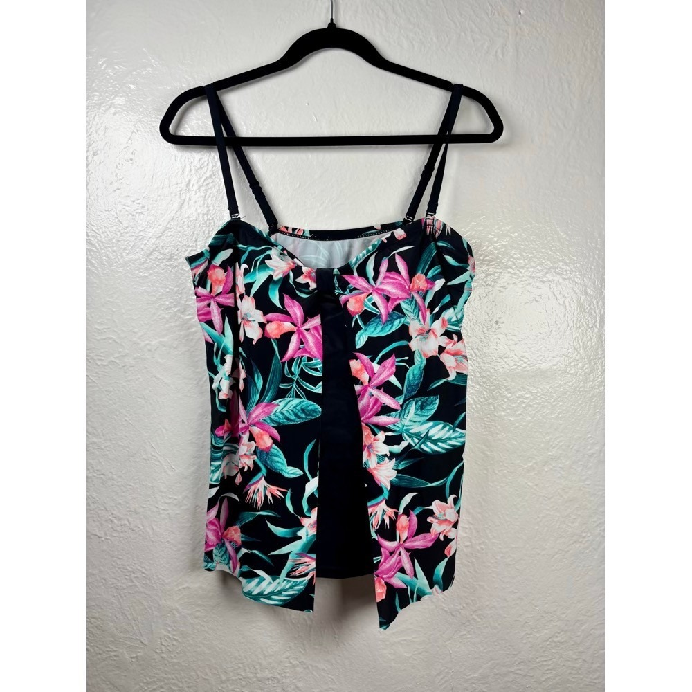 Tropical Floral Tankini‎ Top Large Black Pink Flyaway Handkerchief Hem Vacation